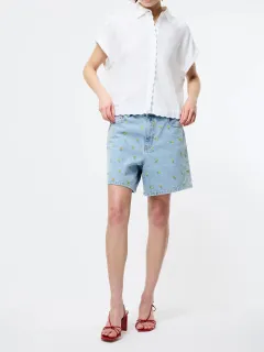 Cotton Delicate Daisy Embroidery Denim Shorts