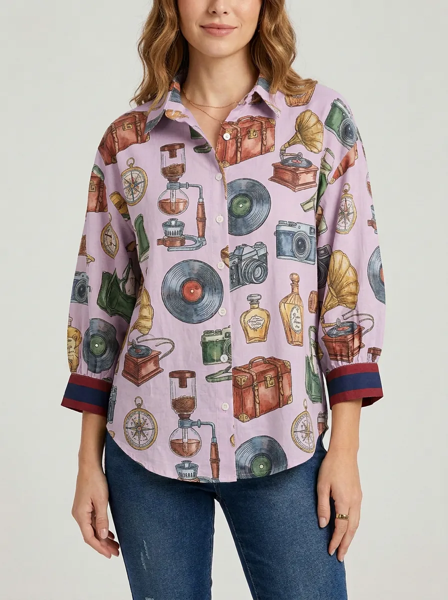 Women's Vintage Travel Hobbyist Retro Object Graphic Shirt