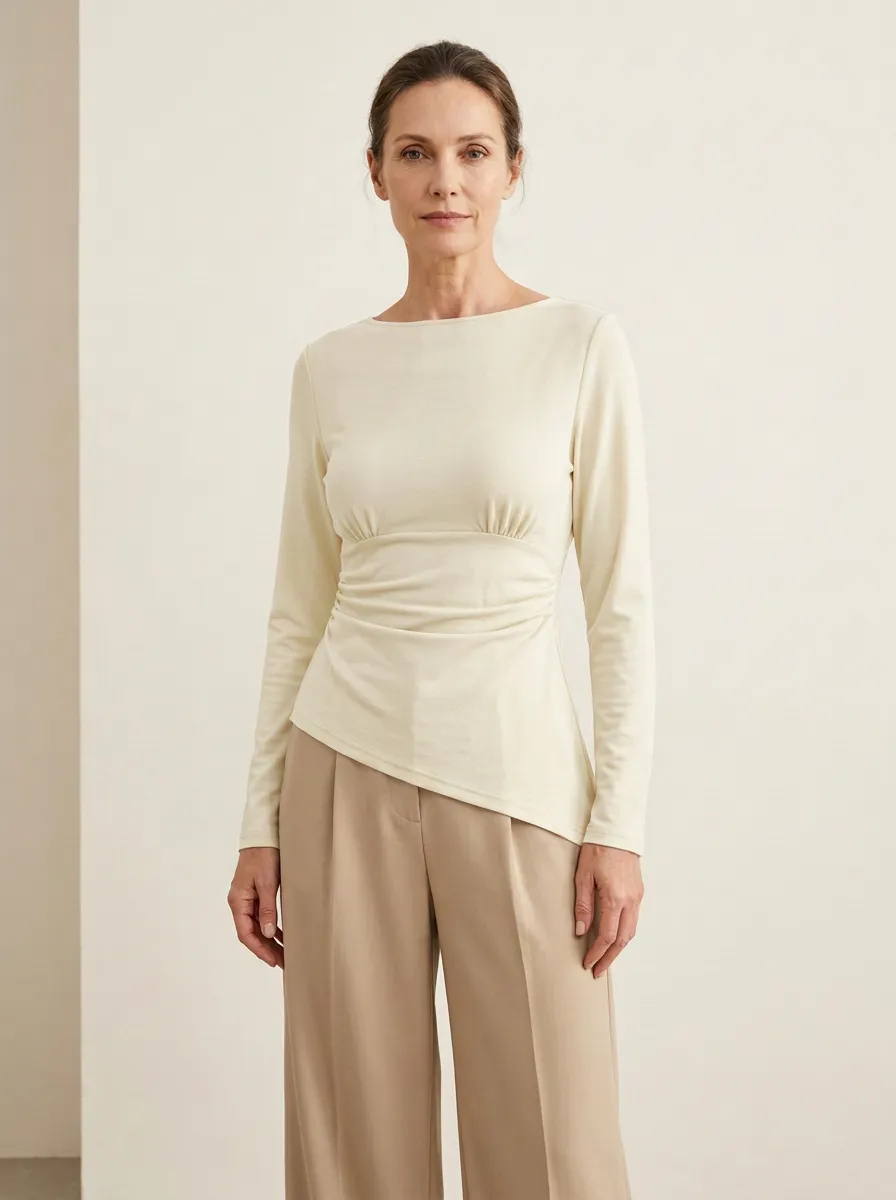 Waist-Ruched Ruched Asymmetric-Hem Long-Sleeve Top