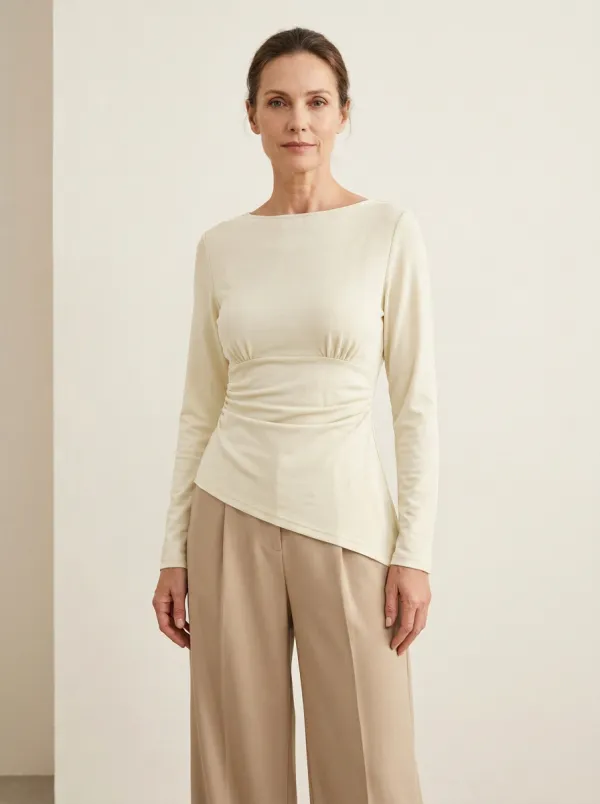 Waist-Ruched Ruched Asymmetric-Hem Long-Sleeve Top