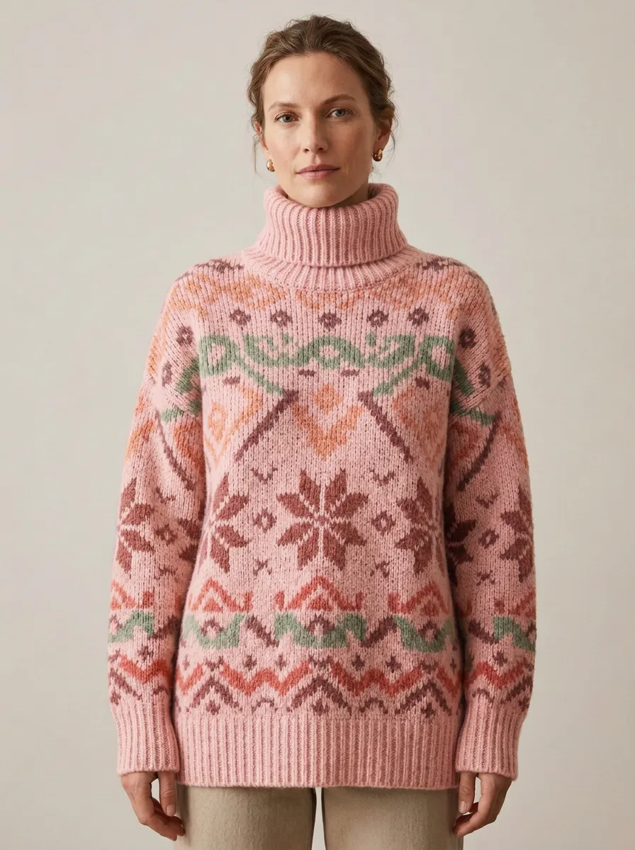 Women's Winter Nordic Snowflake Geometric Printed Turtleneck Sweater