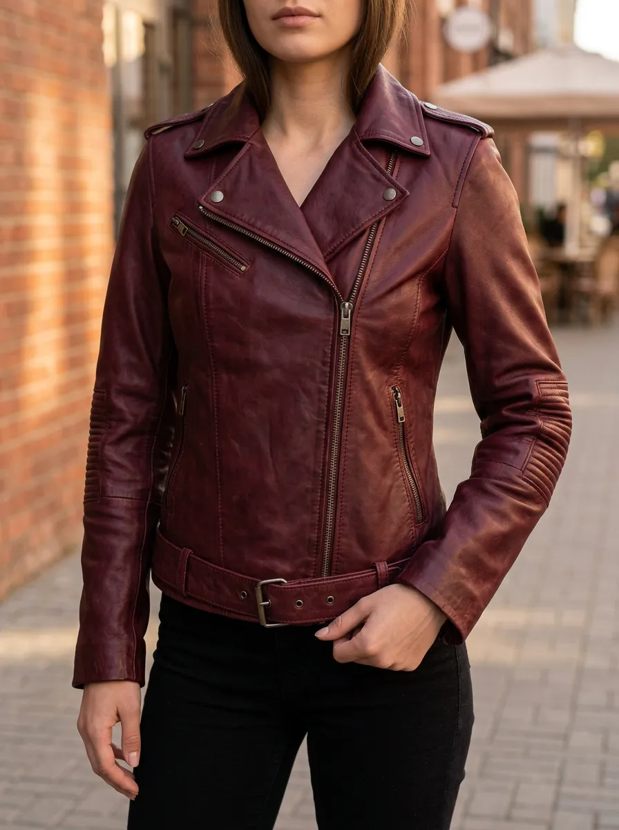 Women's Burgundy Biker Zippered Leather Jacket