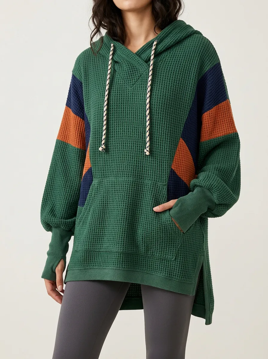 Women's Colorblock Waffle Knit Hooded Pullover Top