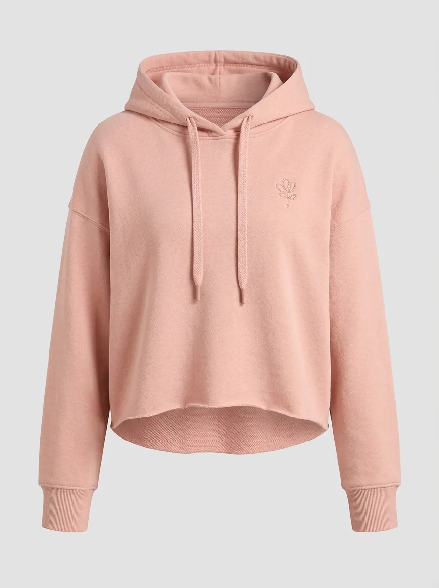 Women's Relaxed Minimalist Floral Line Art Printed Cropped Hoodie