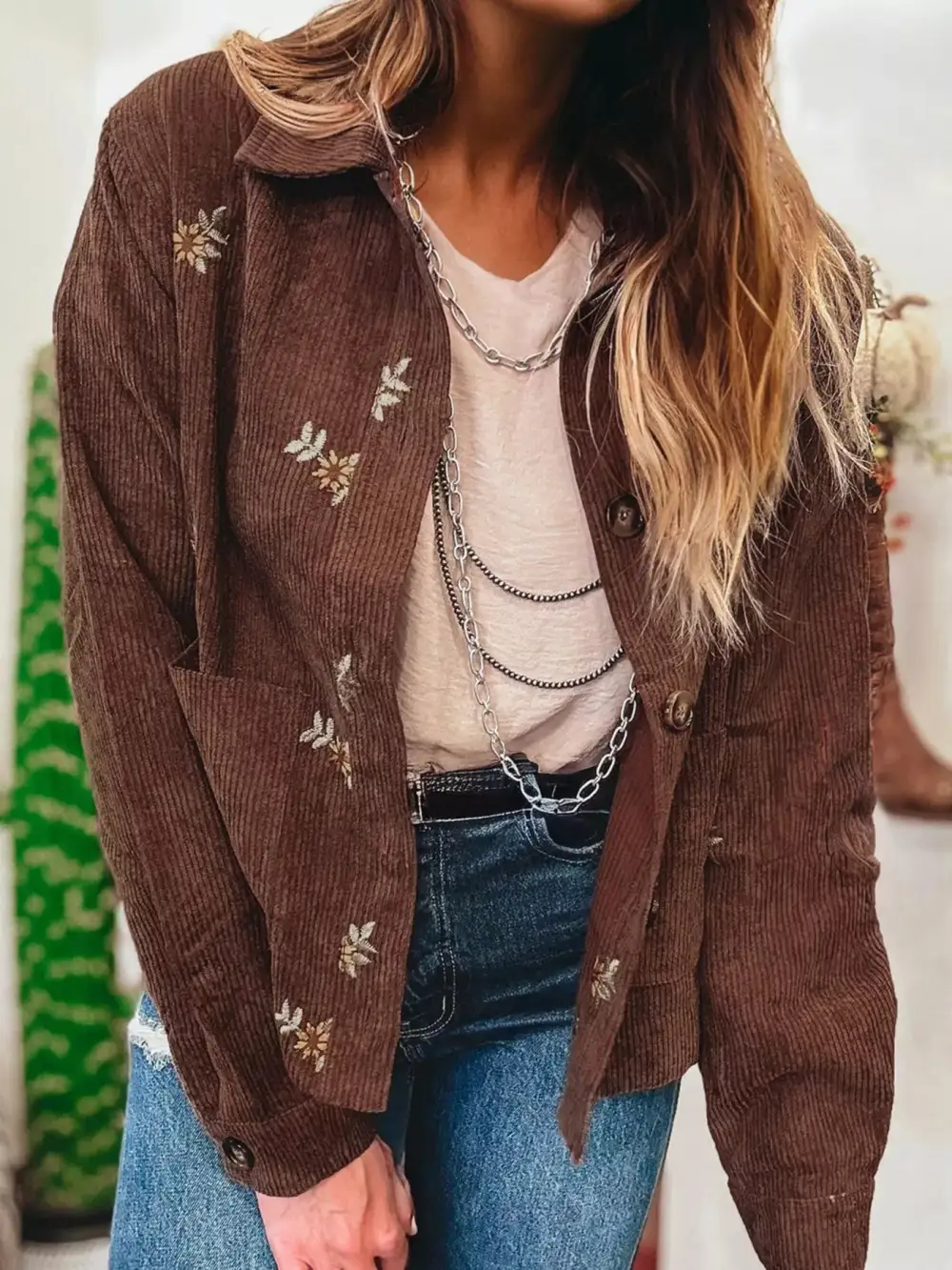 Floral Embroidered Collar Button Front Corduroy Jacket