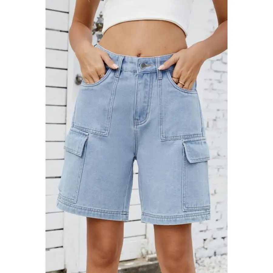 High Rise Pocketed Cargo Denim Shorts