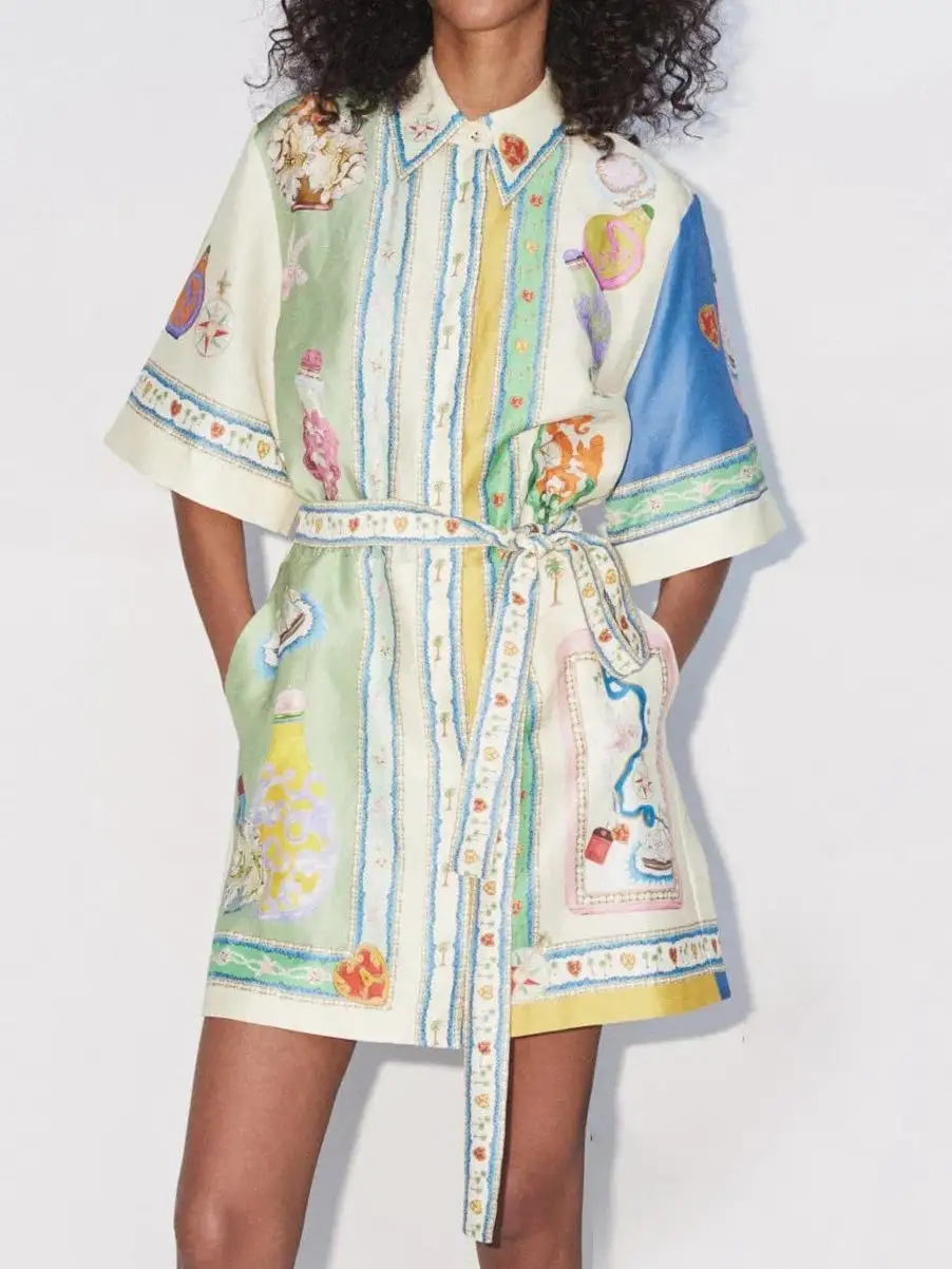 Unique Oil Painting Print Lace Mini Dress