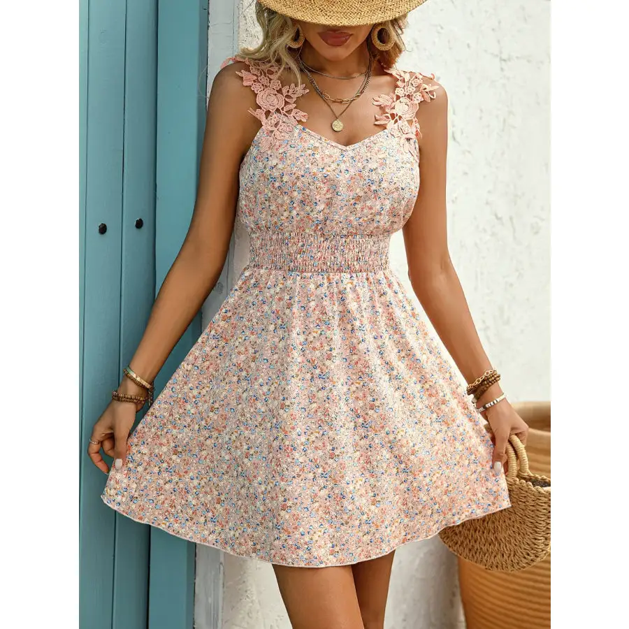 Lace Detail Smocked Wide Strap Mini Dress