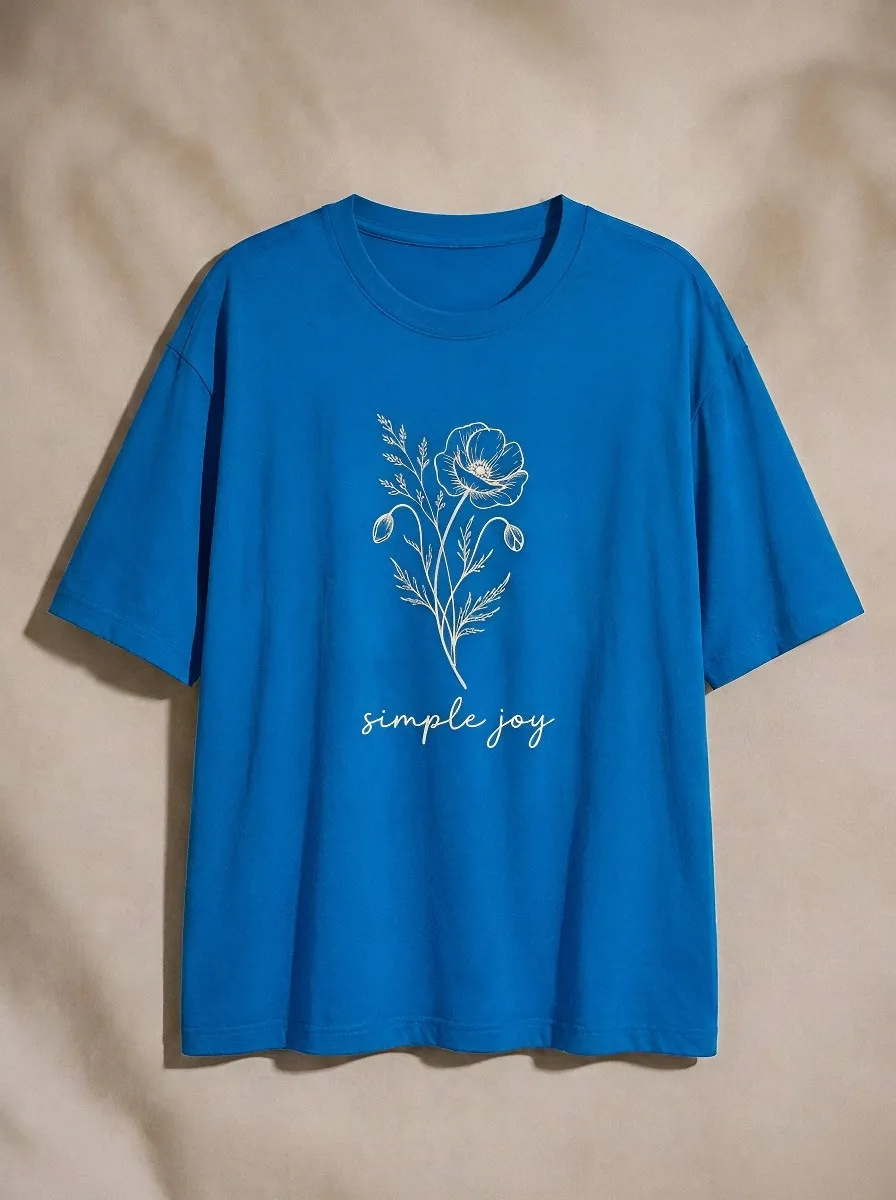 Women's Minimalist Floral Simple Joy Line Art Printed T-shirt