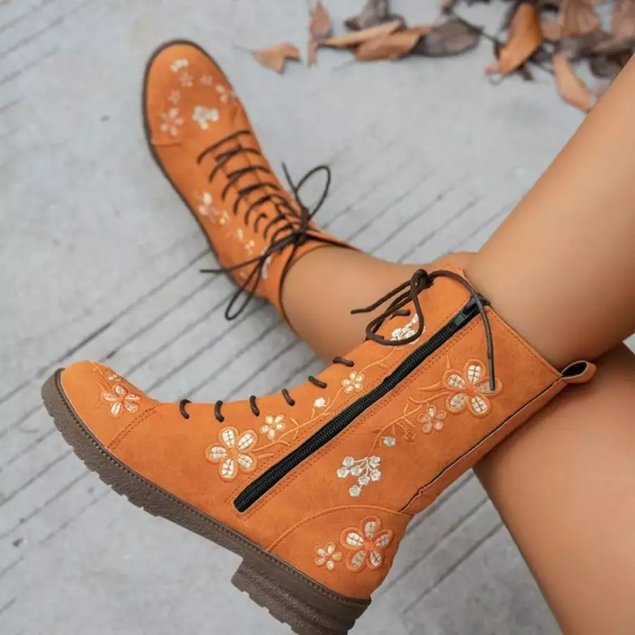 Textured Round Toe Block Heels Boots