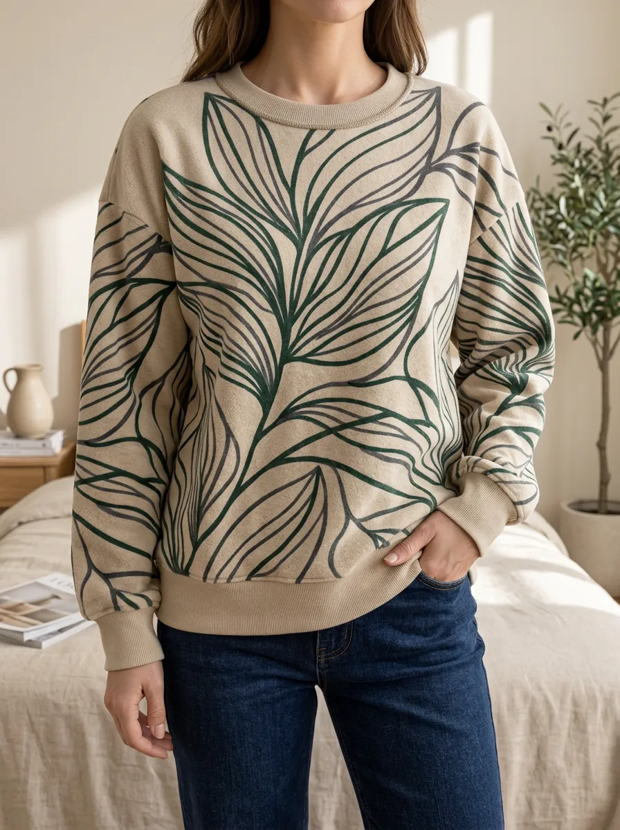 Women's Leaf Print Crewneck Sweatshirt Botanical Graphic Print