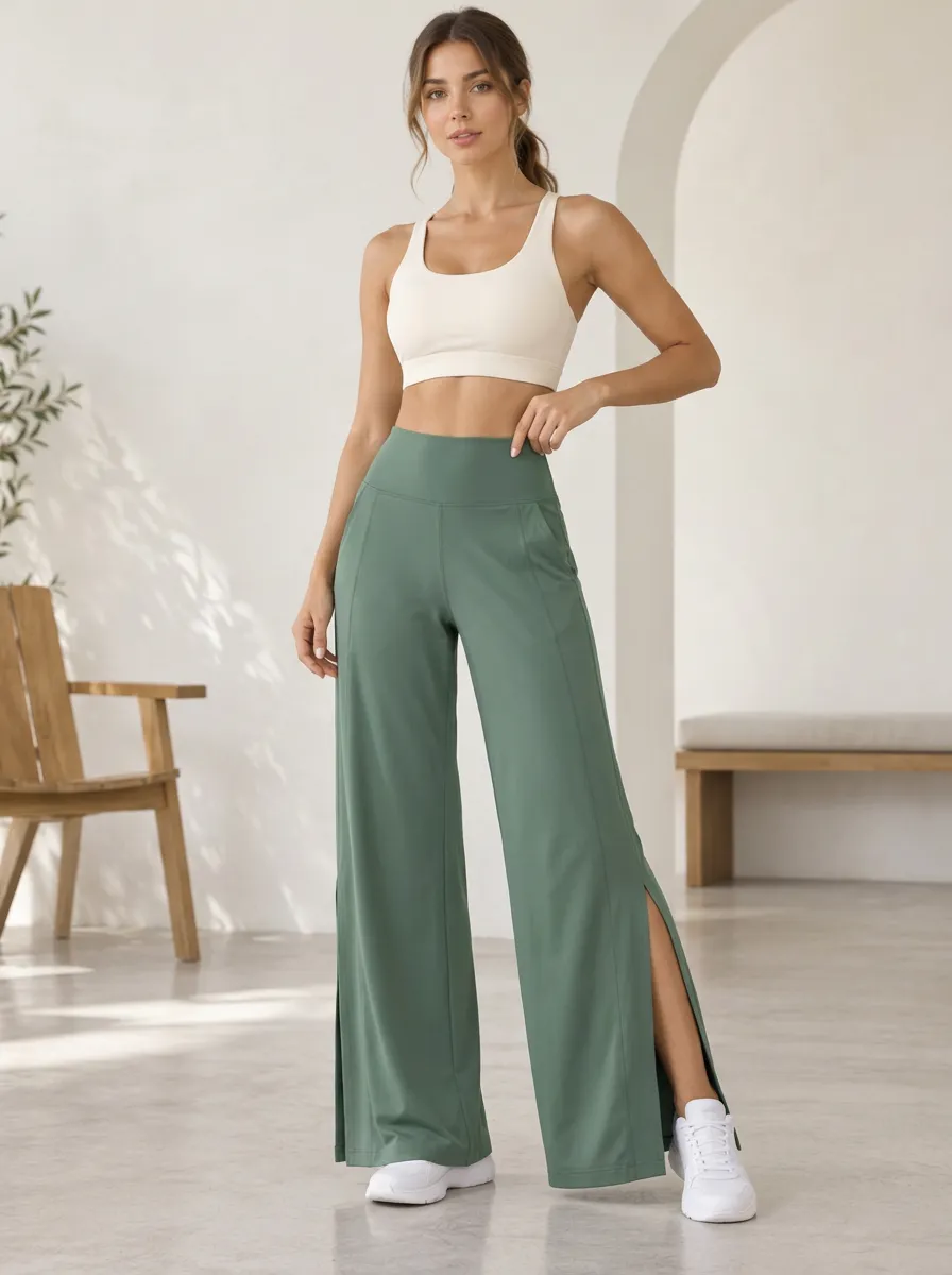 Women's High Waist Effortless Motion Wide Leg Side Slit Athletic Pants