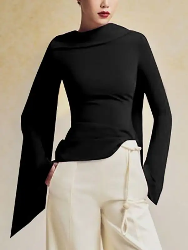 Flared Sleeve Long Sleeve Zip Detail Boat Neck T-Shirt