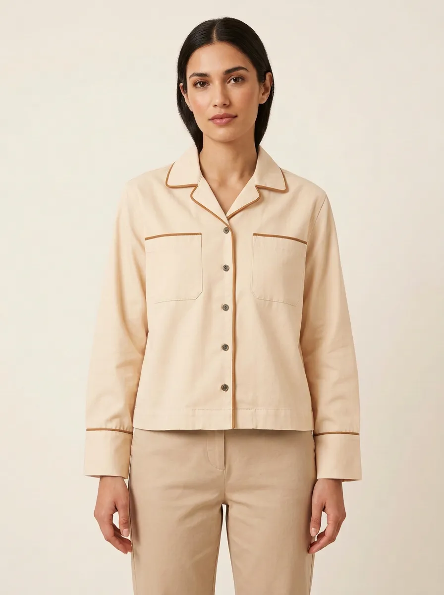 Women's Camp-Collar Contrast-Piped Straight-Fit Shirt