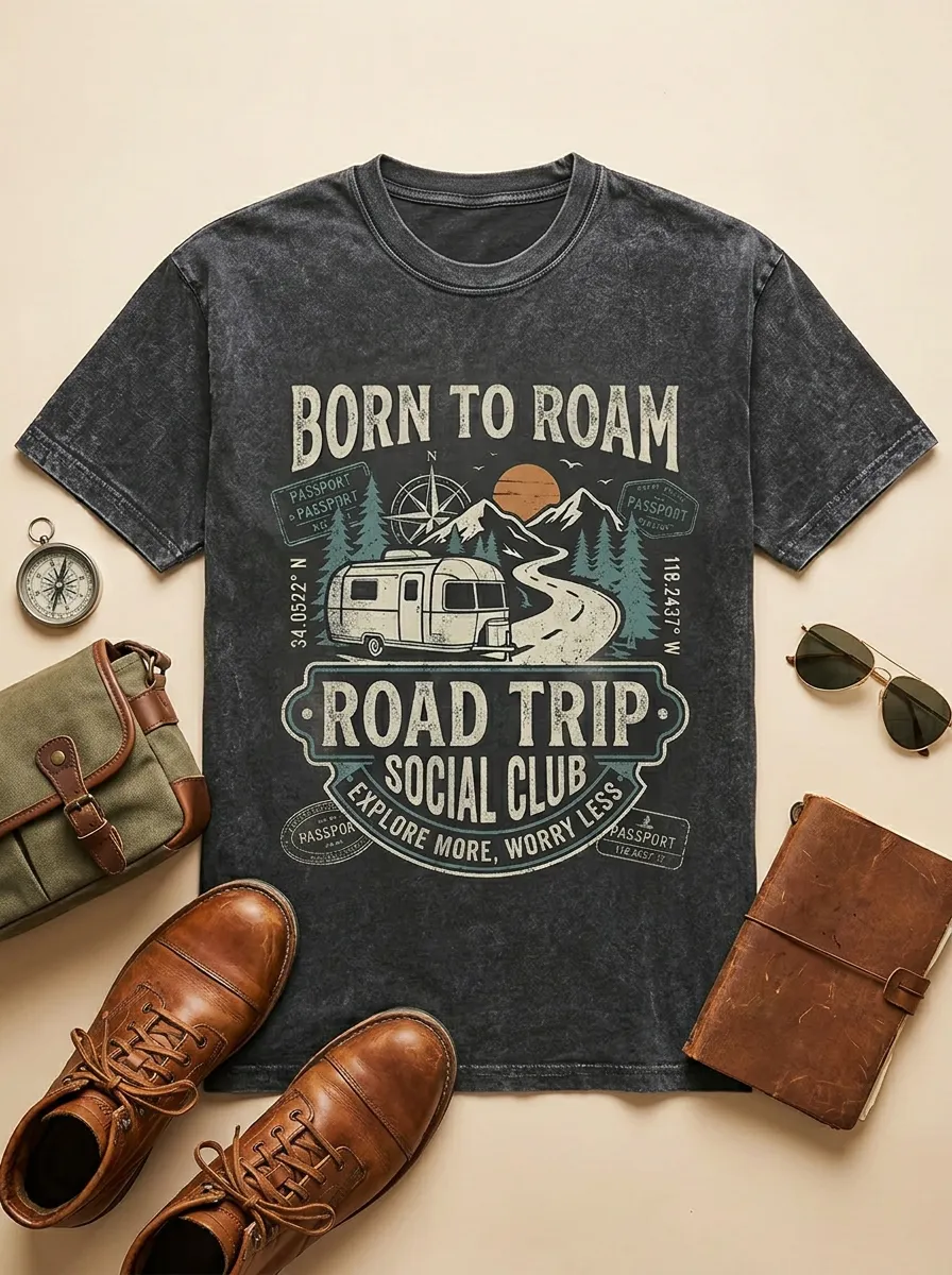 Unisex Road Trip Camper Born To Roam Printed T-shirt