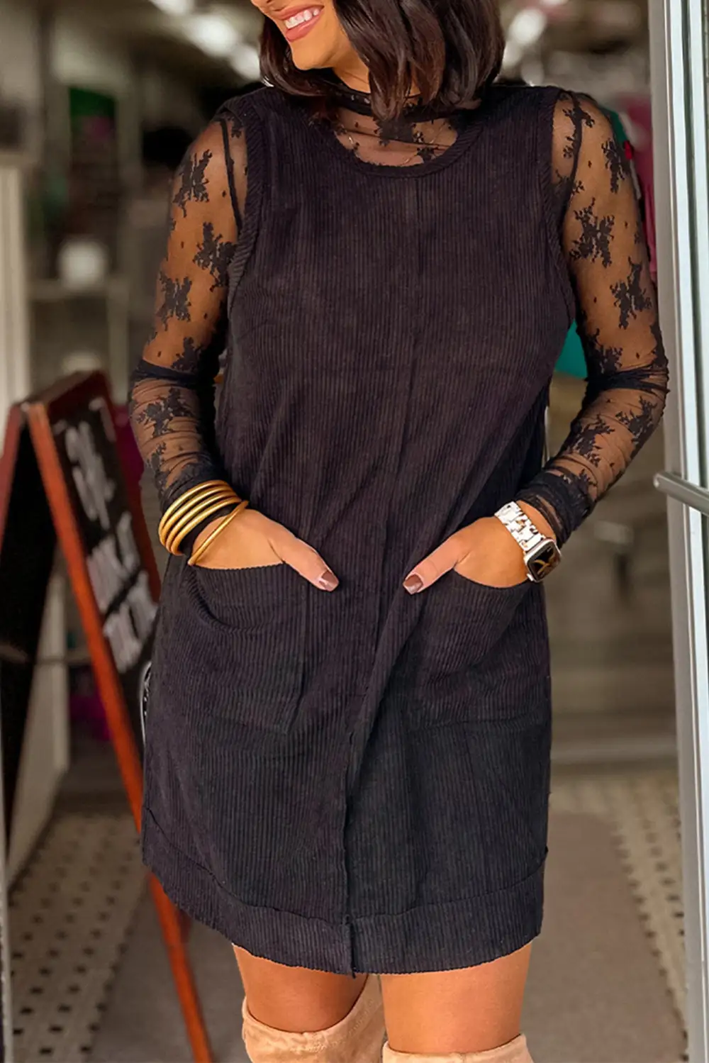 Refined Corduroy Sleeveless Mini Dress with Patched Pockets