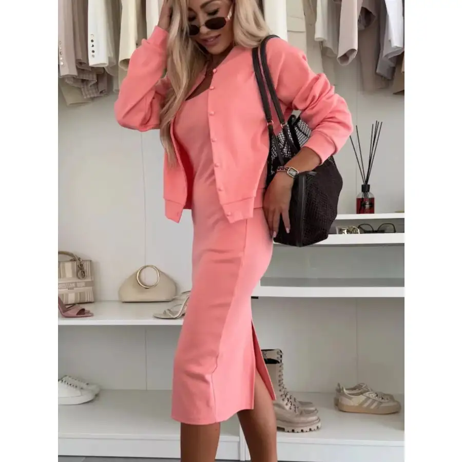 Slit Square Neck Dress and Outerwear Set
