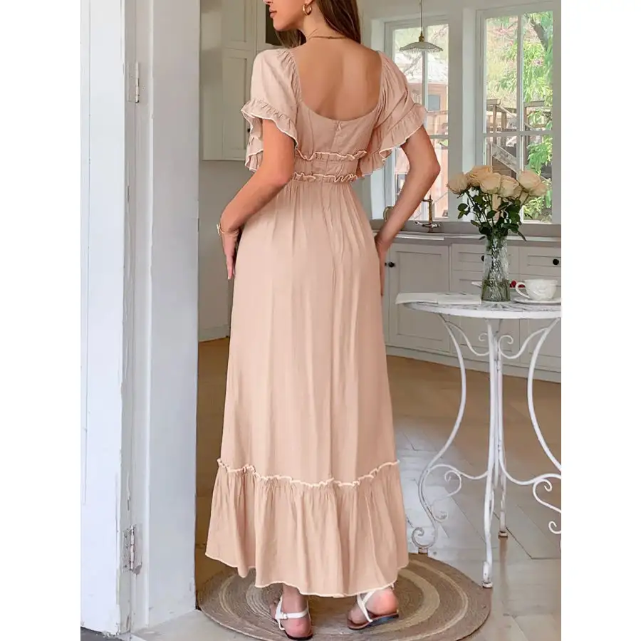 Square Neck Puff Sleeve Ruffle Trim Maxi Dress