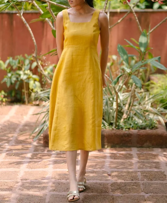 Mustard Linen Square-Neck Midi Dress