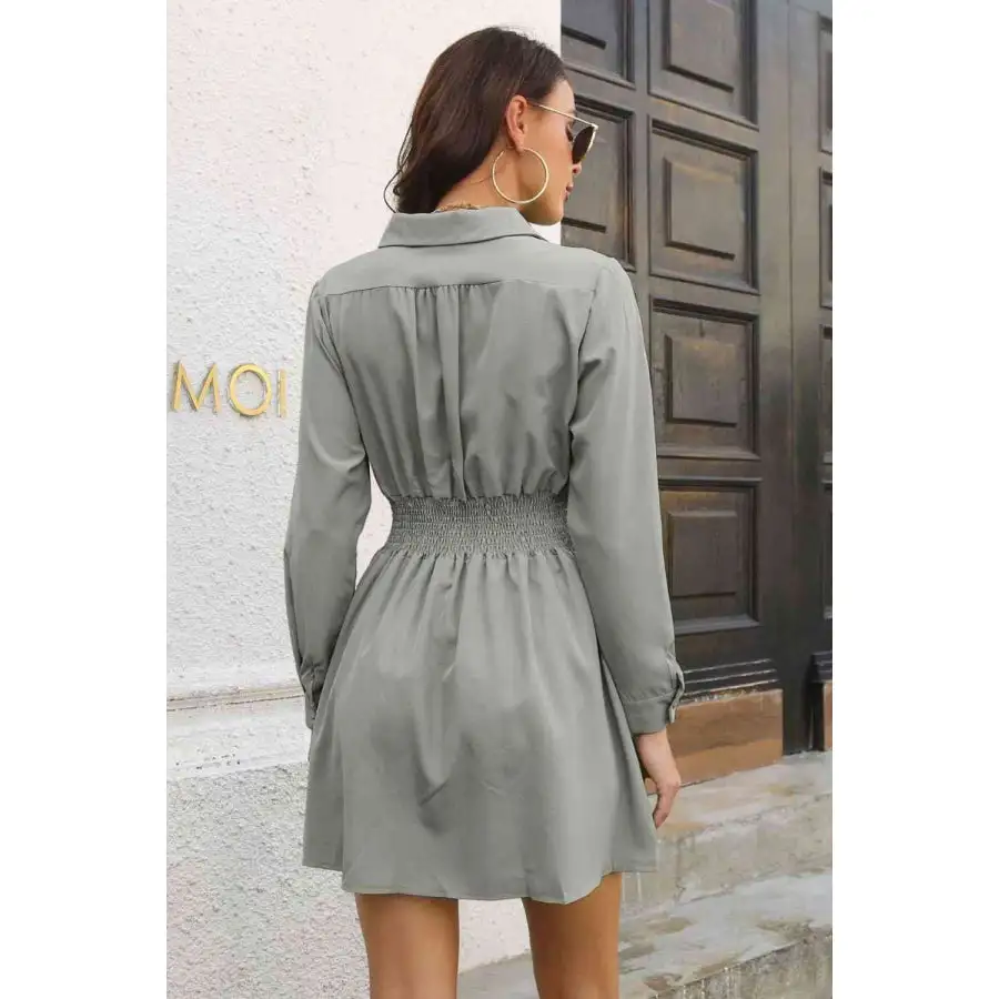 Johnny Collar Smocked Waist Long Sleeve Mini Dress