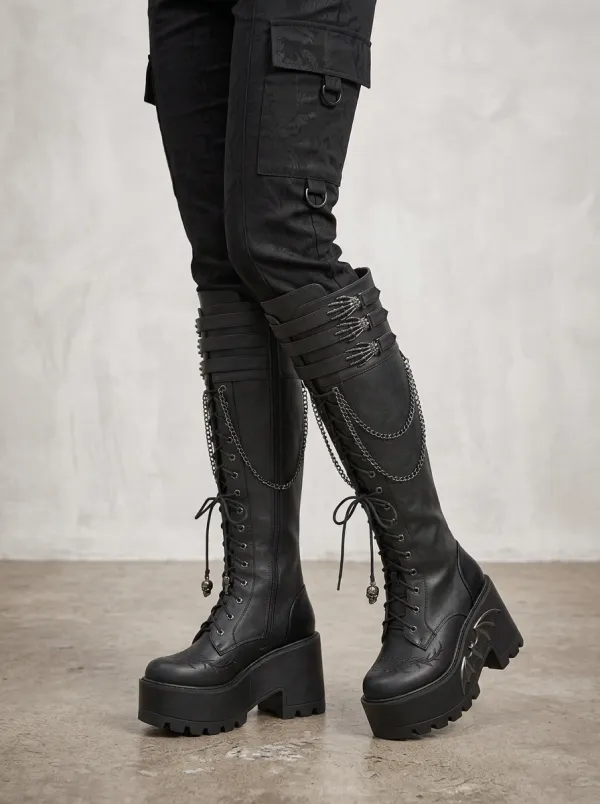 Heritage Bat Wing Chain Edit Women's Gothic Platform Knee High Boots