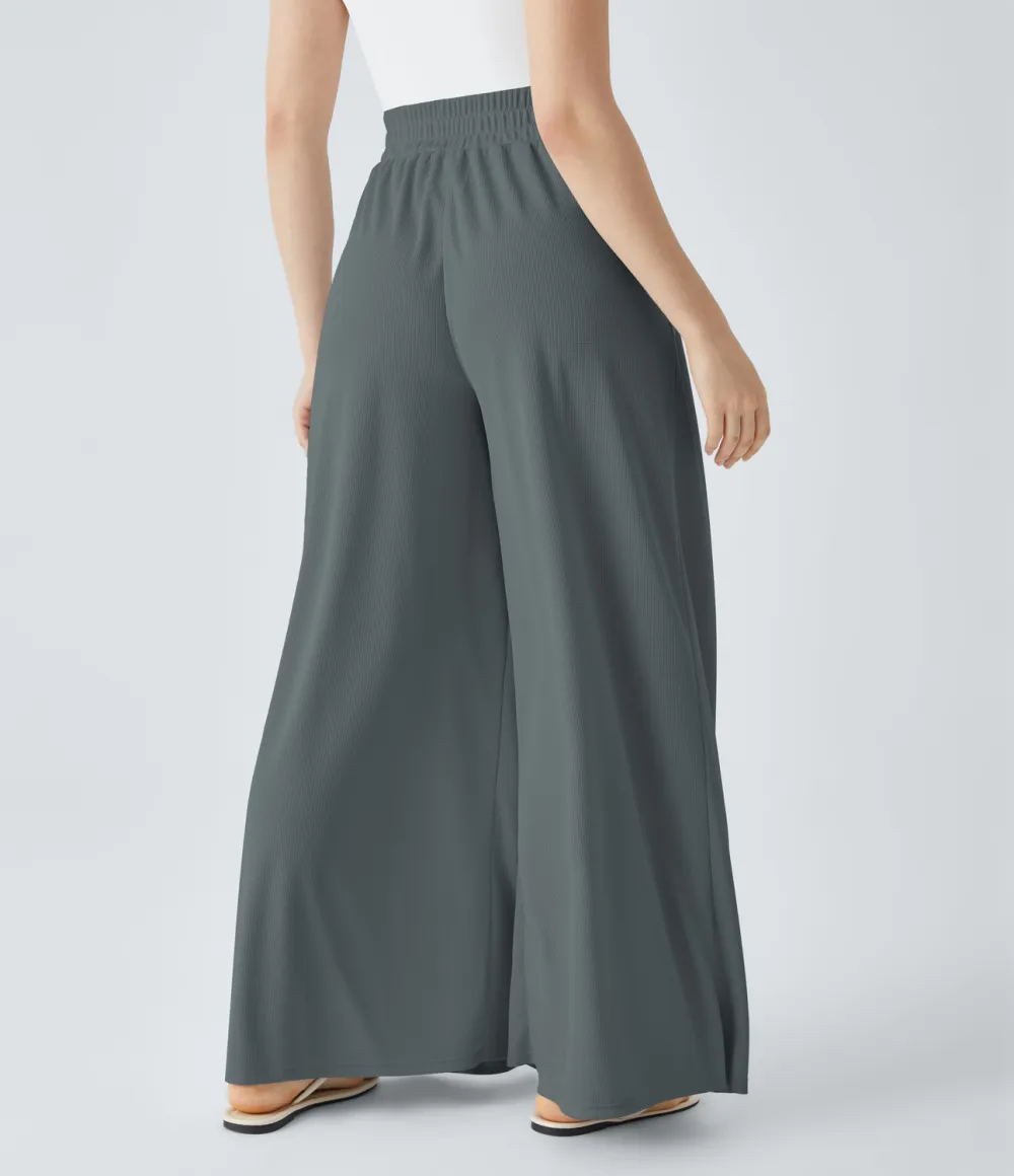 High Waisted Pleated Side Pocket Flowy Wide Leg Palazzo Waffle Casual Pants