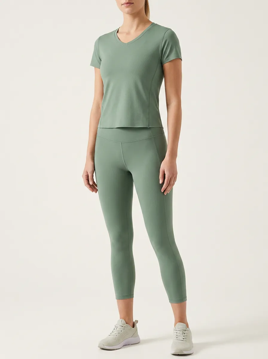 Women's Sage Green Solid Color V-Neck Yoga Workout Set