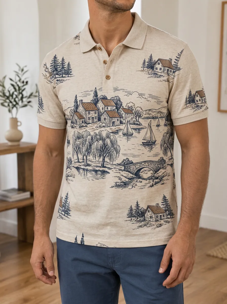 Men's Vintage Landscape Village Sailboat Printed Polo Shirt
