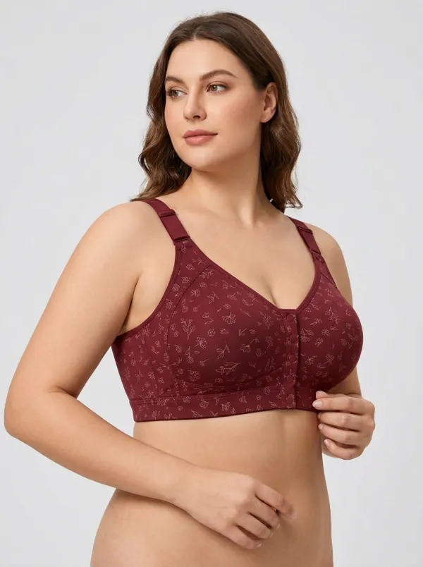 Women's Plus Size Dusty Rose Rose Floral Front-Closure Full-Coverage Wireless Bra