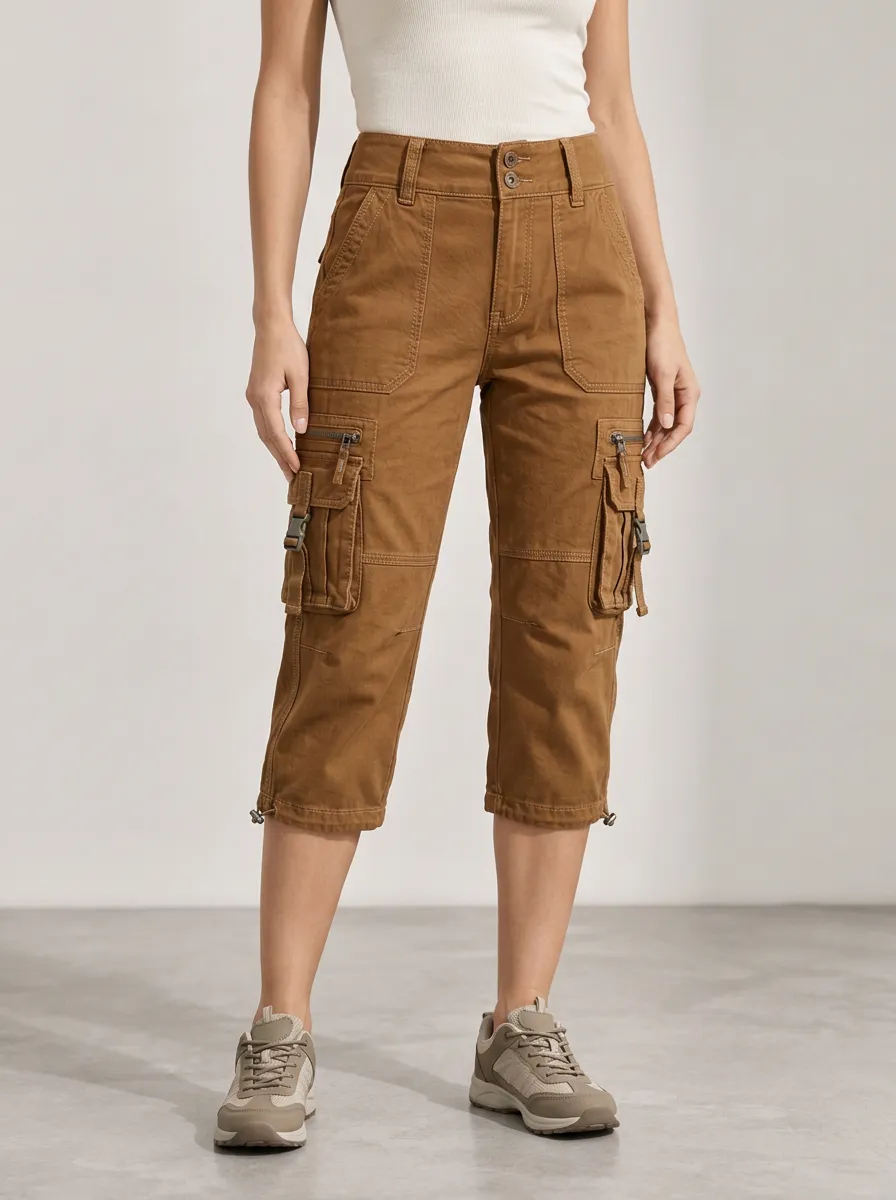 Women's Everyday Utility Drawstring Multi Pocket Mid Rise Capri Cargo Pants