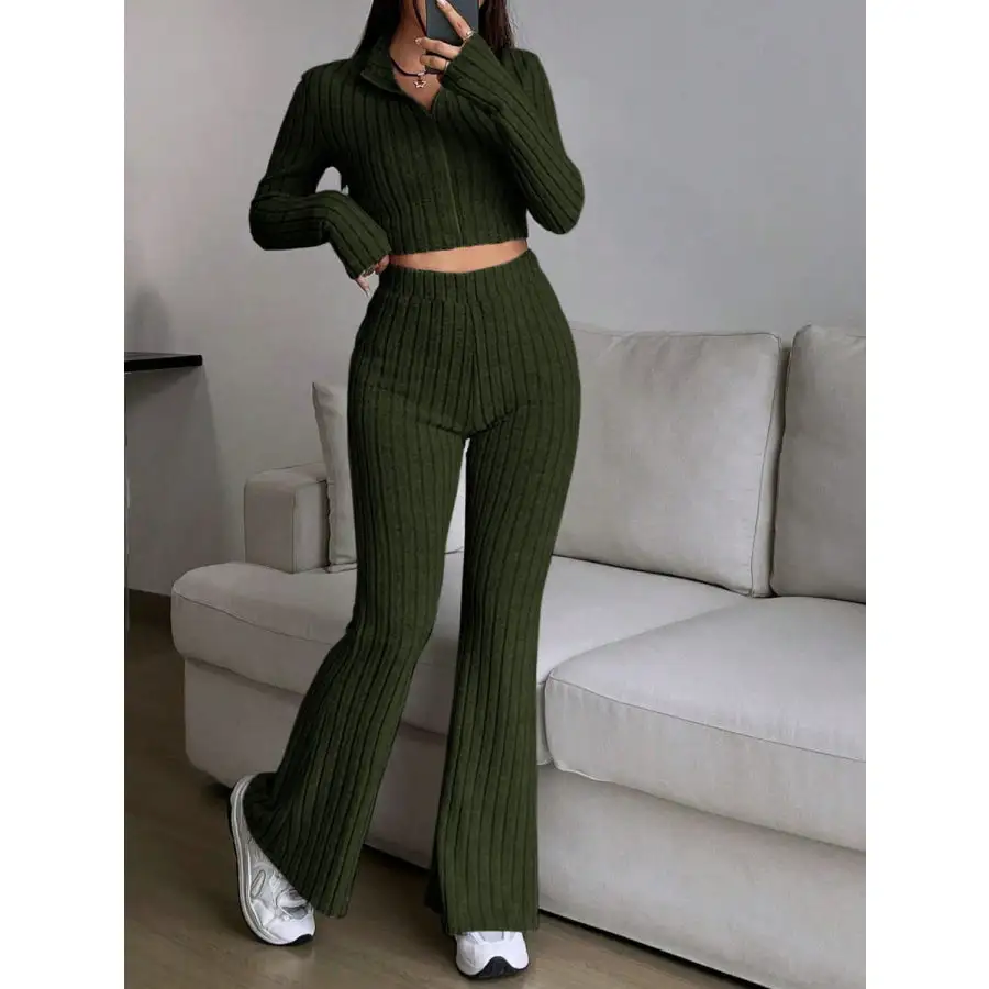 Relaxed Zip Up Long Sleeve Top and Pants Set