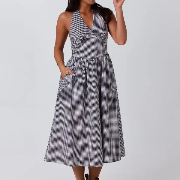 Women's Western Gingham Halter Neck Midi Dress
