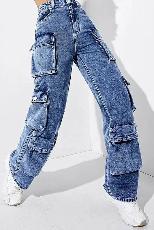 High-Waist Denim Cargo Pants