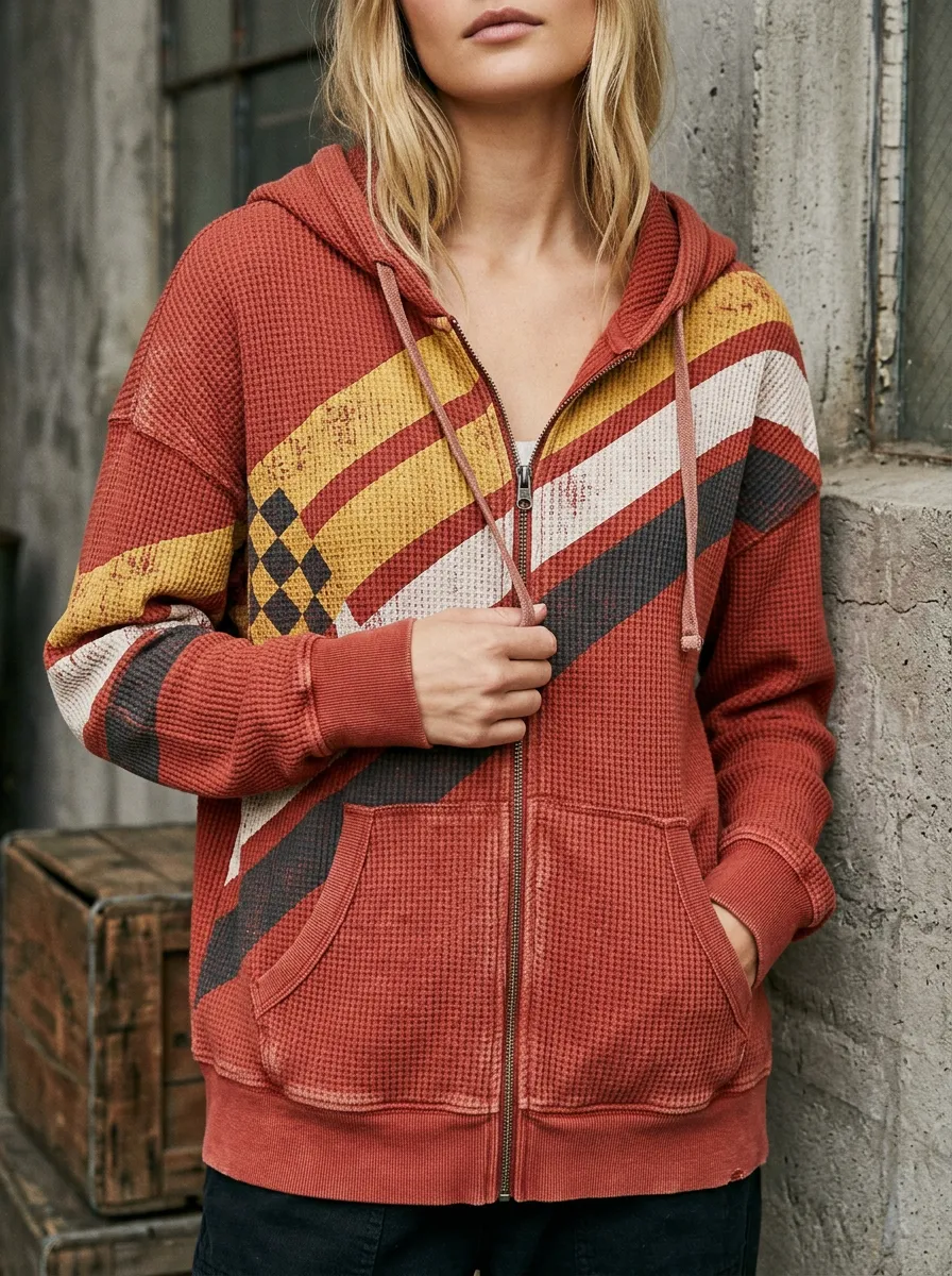 Women's Vintage Striped Waffle Knit Printed Zip-up Hoodie
