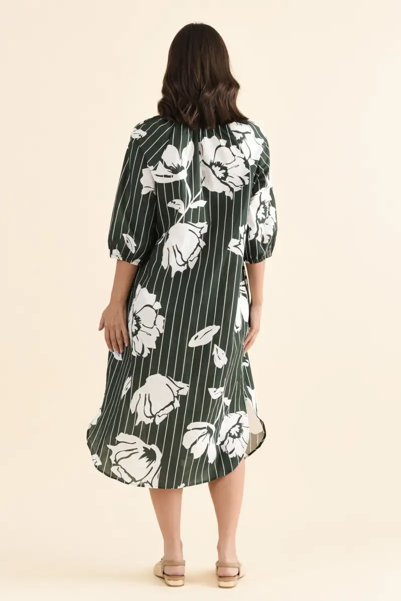 Below-Knee Floral Cotton Button-Front Pocket V-Neck Half-Sleeve Dress
