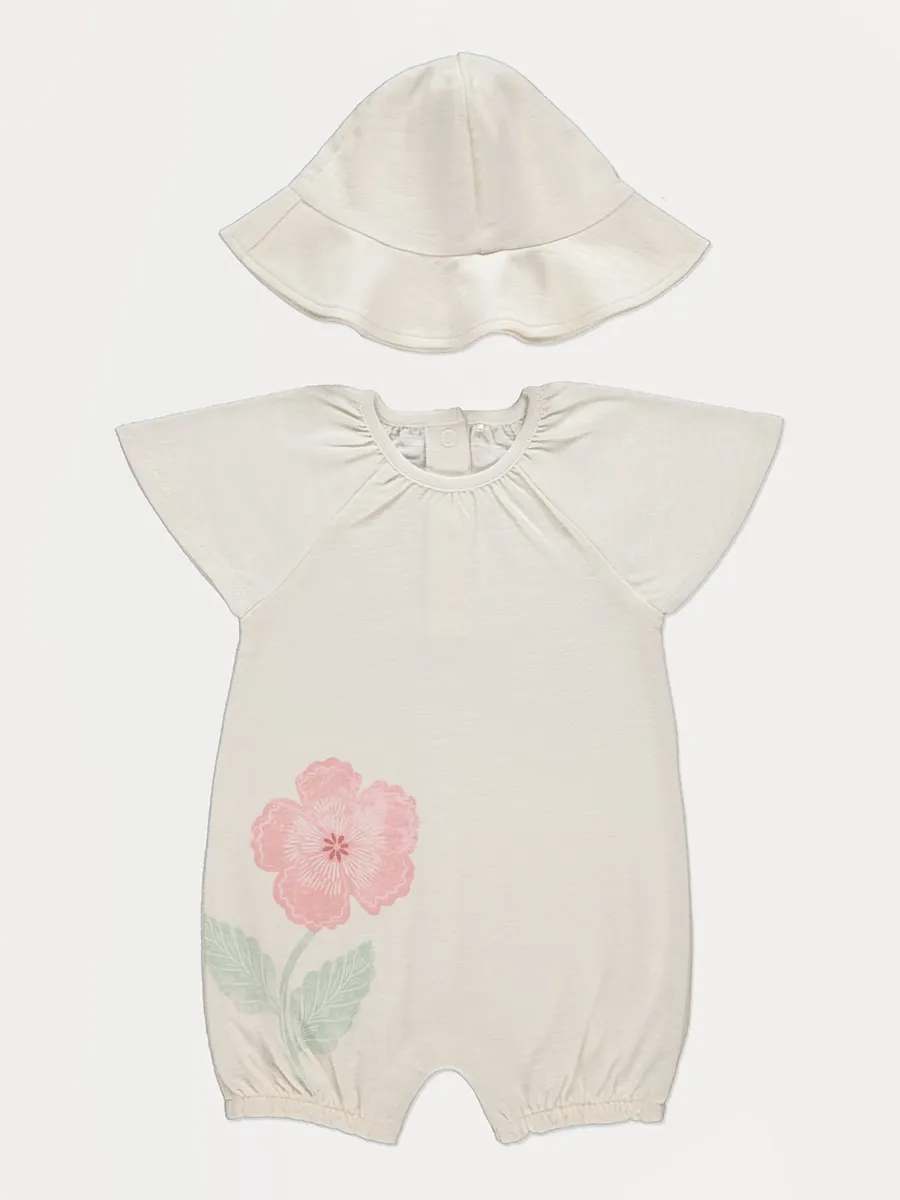 Neutral Flower Romper and Hat Outfit