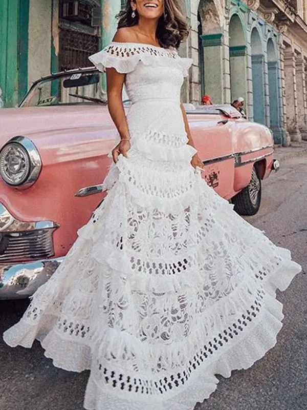 Women's Sleeveless Lace Ruffled Boho Maxi Dress