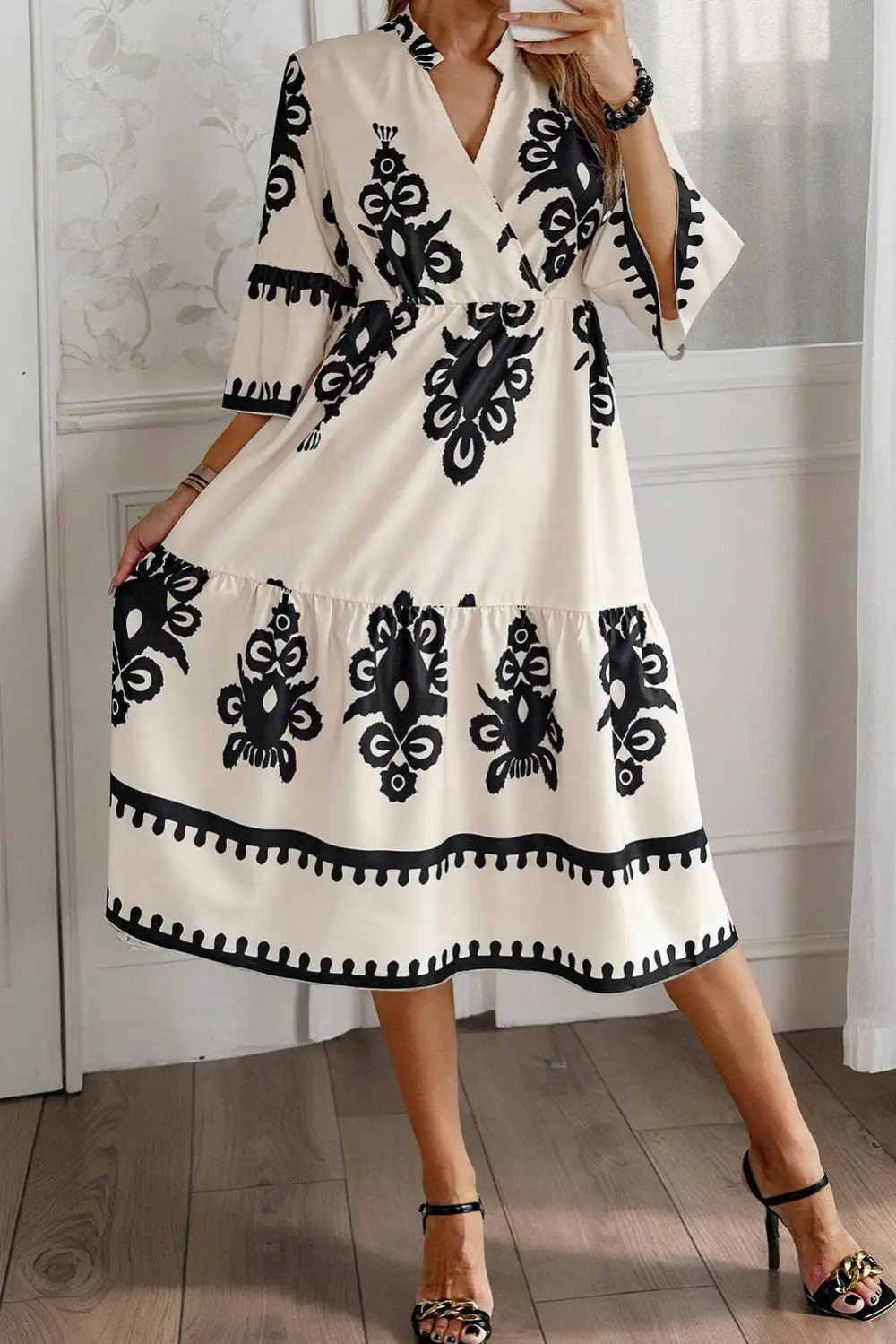 Geometric Print Bracelet Sleeve Everyday Midi Dress
