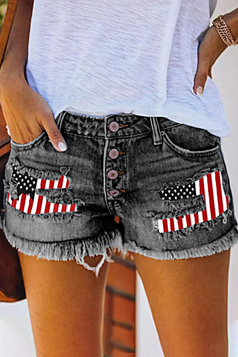 American Flag Pattern Button Fly Raw Hem Denim Shorts