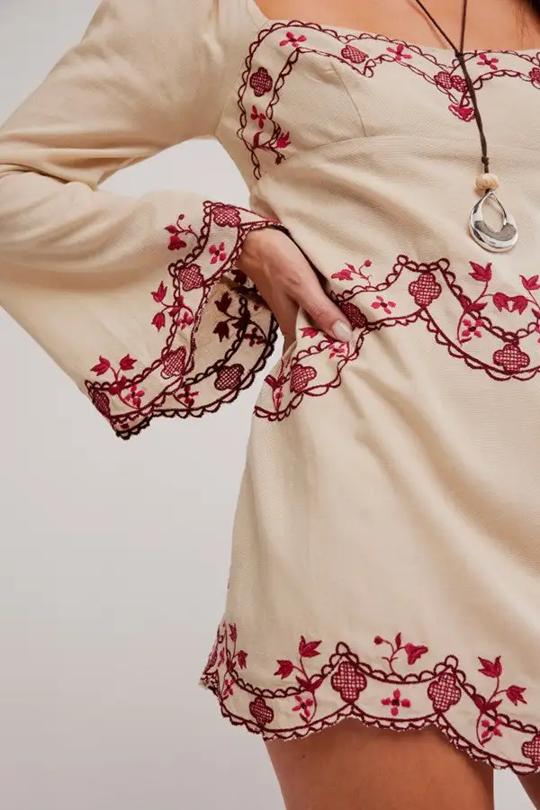 Women's Beige Embroidered Long Sleeve Mini Dress