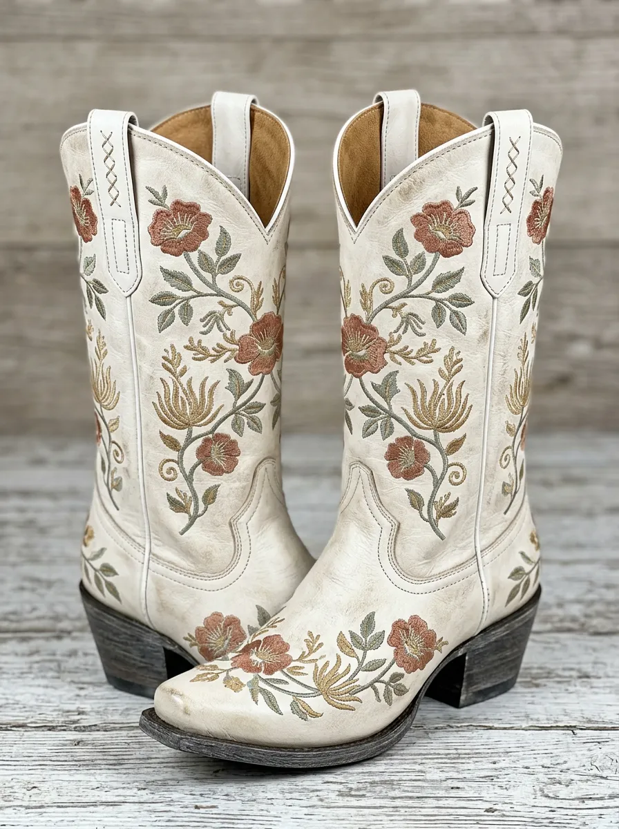 Unisex High-Plains Floral Embroidered Vintage-Inspired Rodeo Western Cowboy Boots