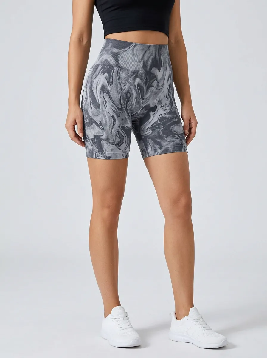 Women's Marble-Print Ribbed-Hem High-Rise Biker Shorts