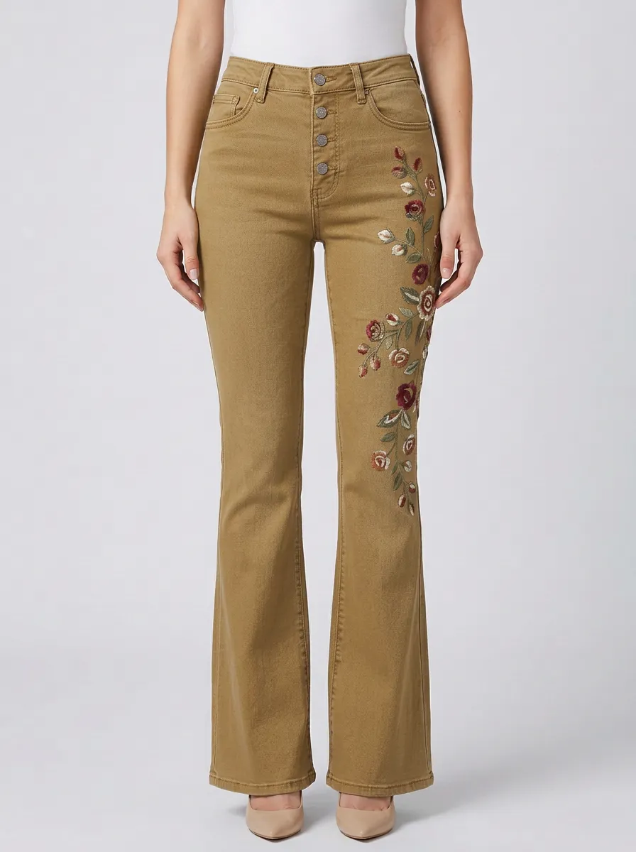 Women's Vintage Floral Embroidered High Waisted Printed Flare Jeans