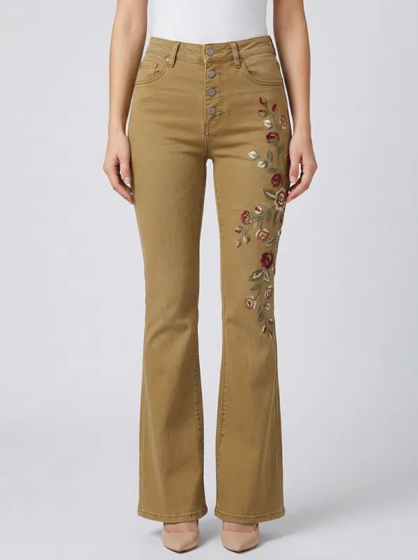 Women's Vintage Floral Embroidered High Waisted Printed Flare Jeans