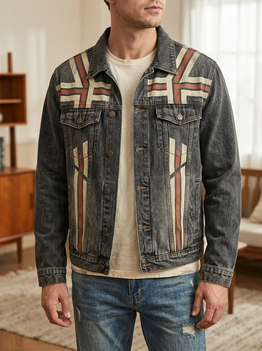 Men's Vintage Geometric Denim Rugged Adventure Jacket