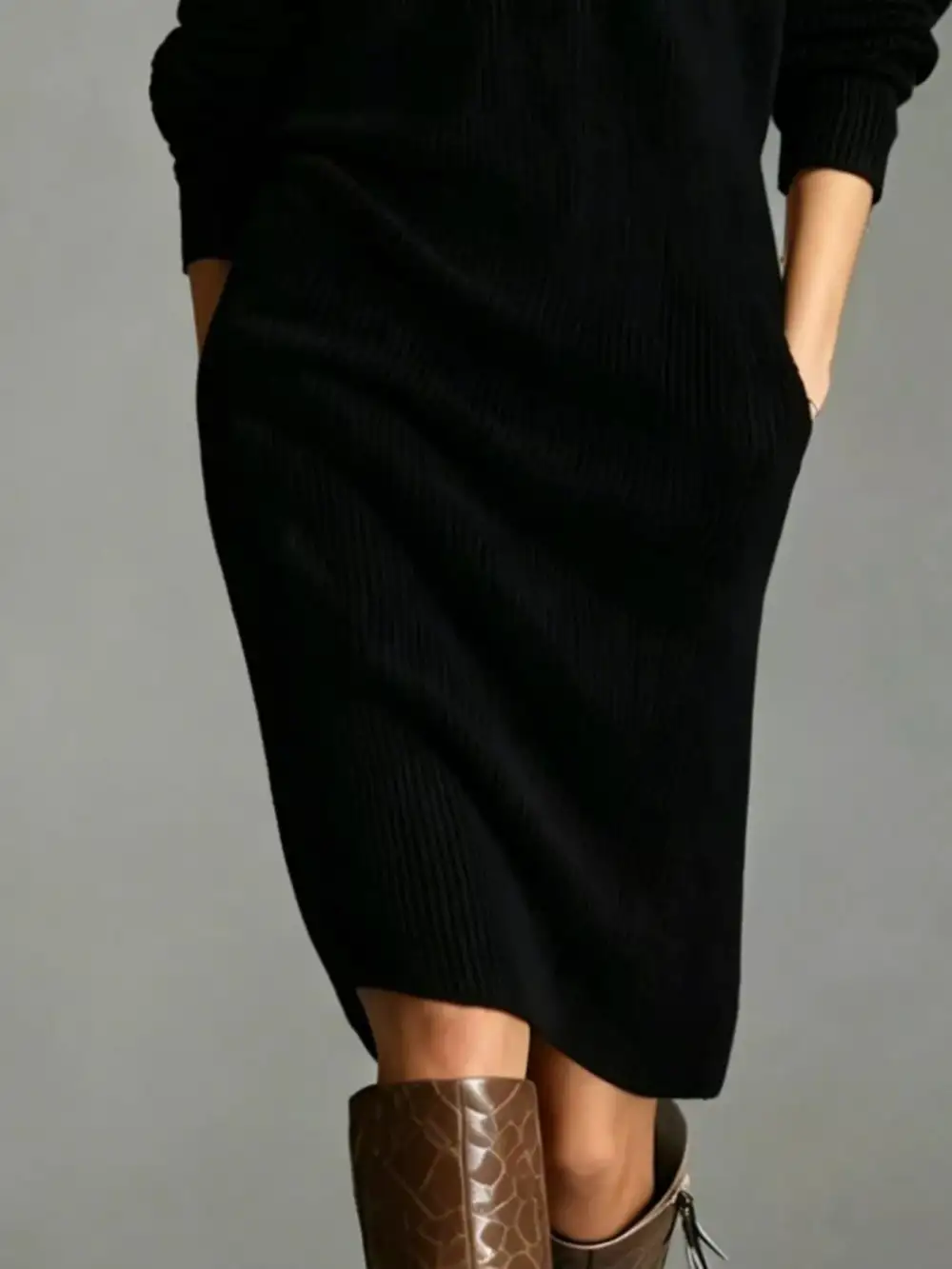 V-Neck Sweater Knit Pocketed Dress