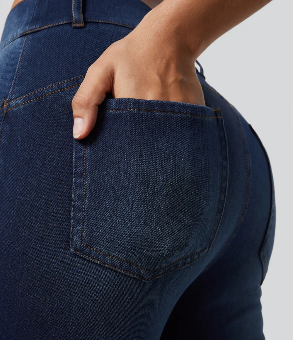 Magic High Waisted Multiple Pockets Stretchy Knit Denim Work Full Length Flare Leggings