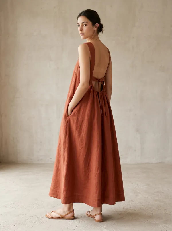 Women's Casual Tie-Strap Linen Backless Dress