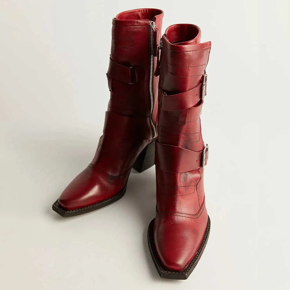 Faux-Leather Buckle-Detail Strappy Zip-Up Ankle Boots