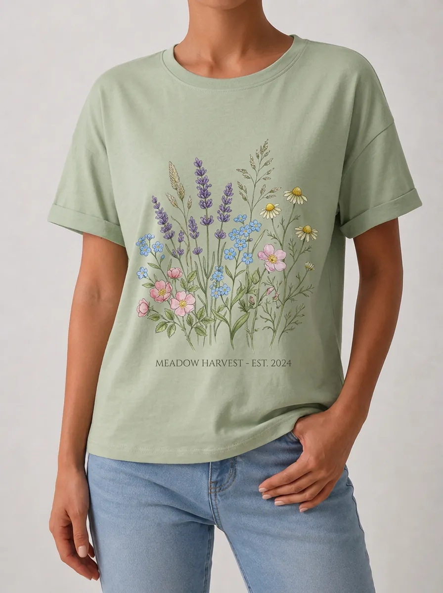 Women's Meadow Harvest Wildflower Botanical Printed T-shirt
